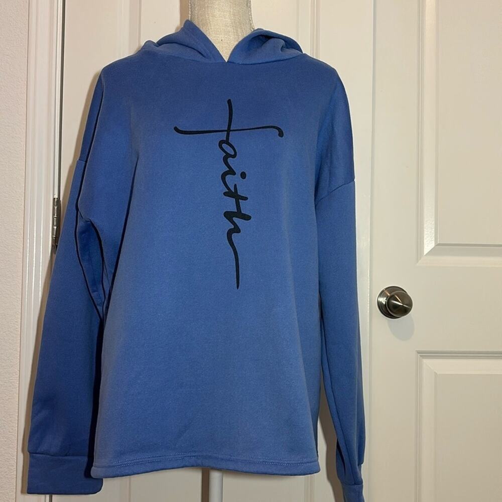 Sheilby Faith Hoodie Women’s XL Blue Pullover Sweatshirt Christian Graphic
